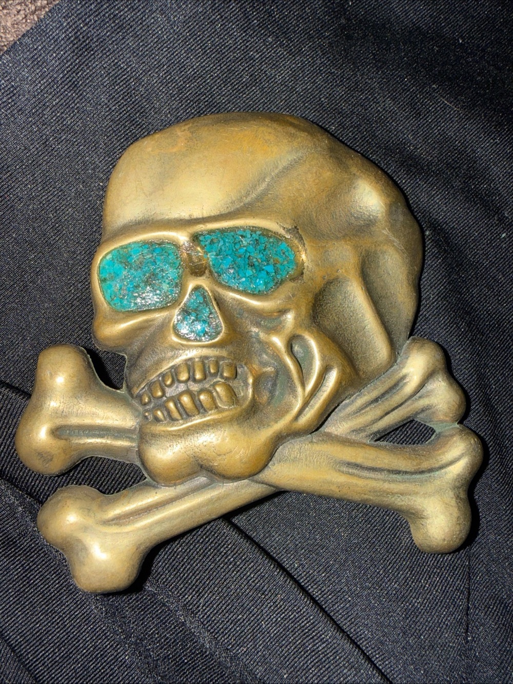 Cross bones skull turquoise inlay belt buckle solid brass heavy vintage